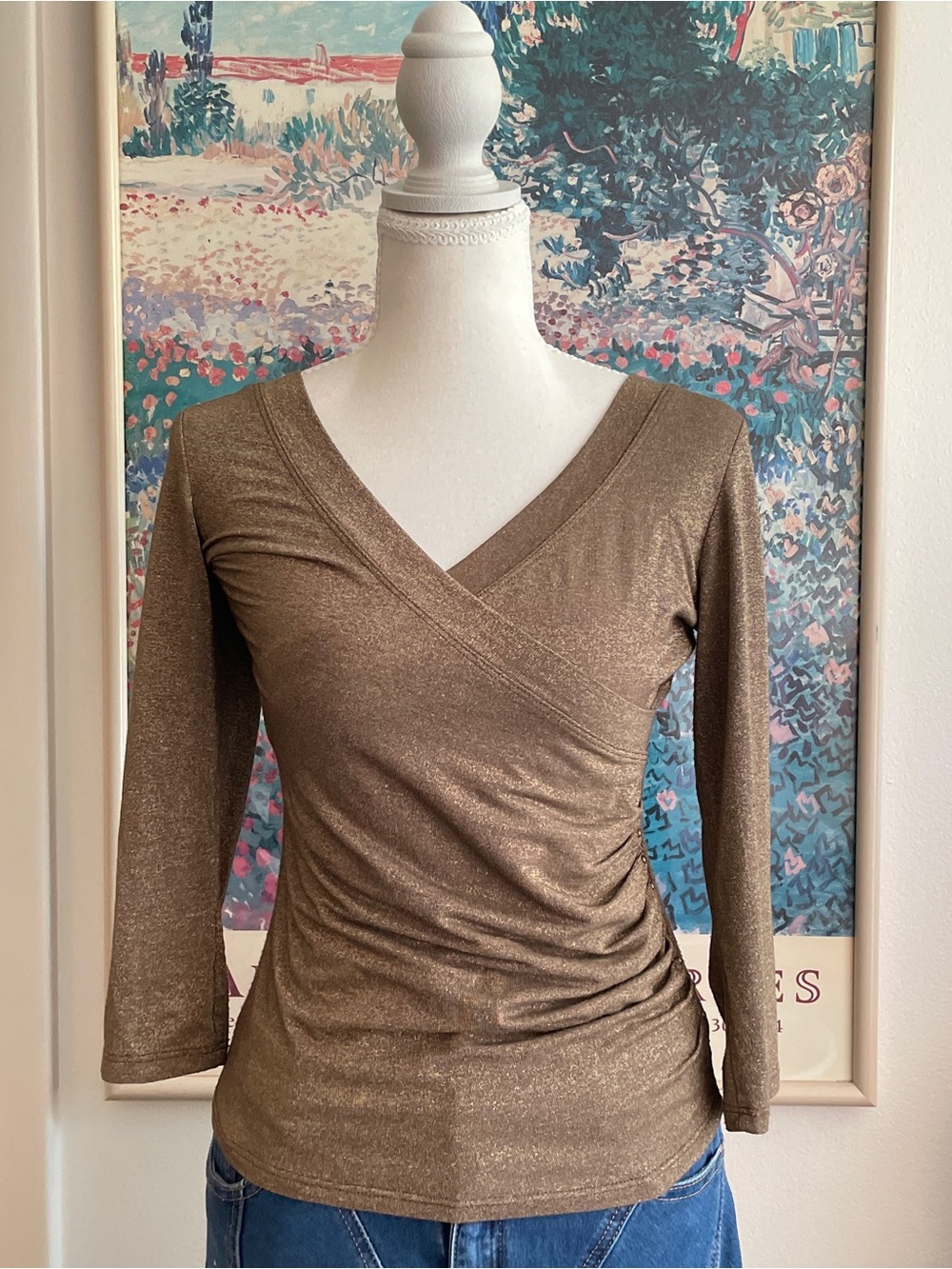 Caché Metallic V-Neck Wrap Top Small Gold Brown Glam Indie Sleaze Y2K